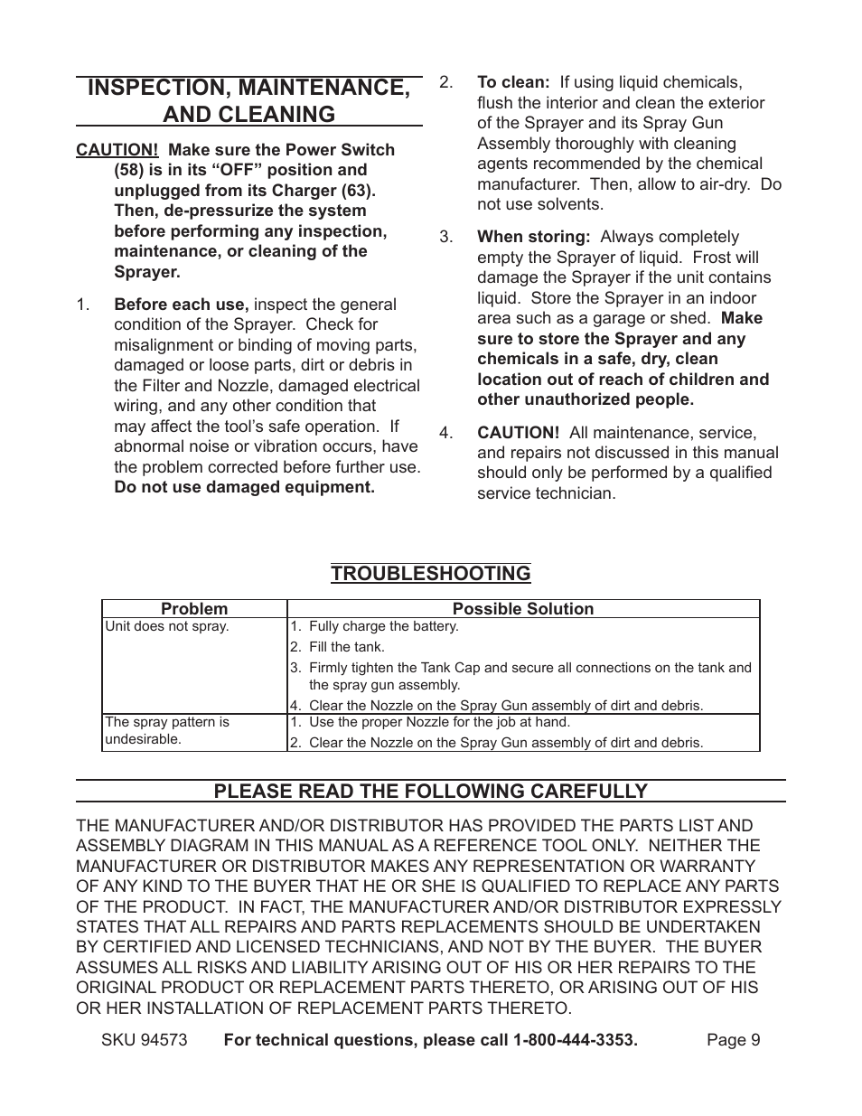 Inspection, maintenance, and cleaning | Harbor Freight Tools BACKPACK SPRAYER 94573 User Manual | Page 9 / 11