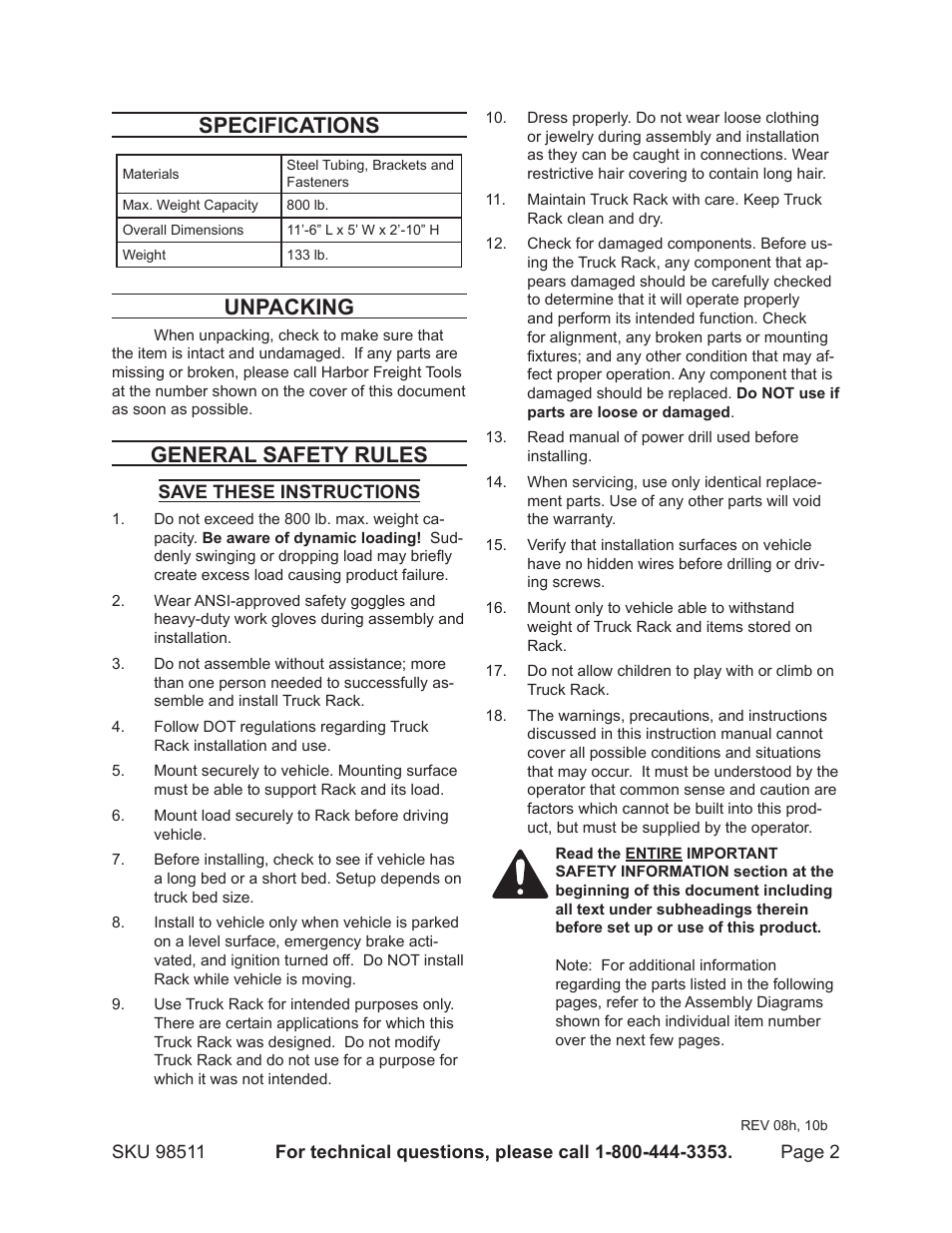 Specifications, Unpacking, General safety rules | Harbor Freight Tools HAUL MASTER 98511 User Manual | Page 2 / 8