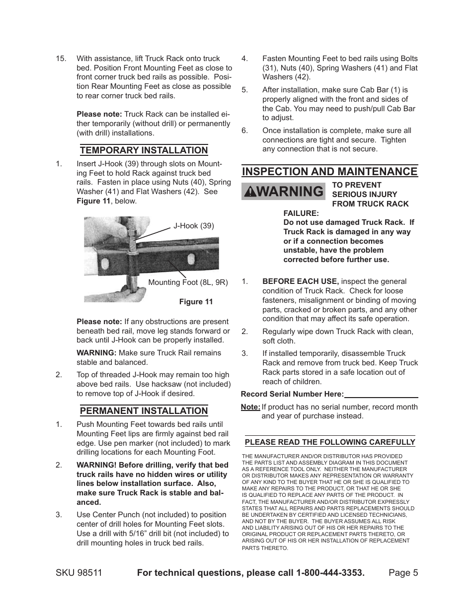 Inspection and maintenance | Harbor Freight Tools HAUL MASTER 98511 User Manual | Page 5 / 8