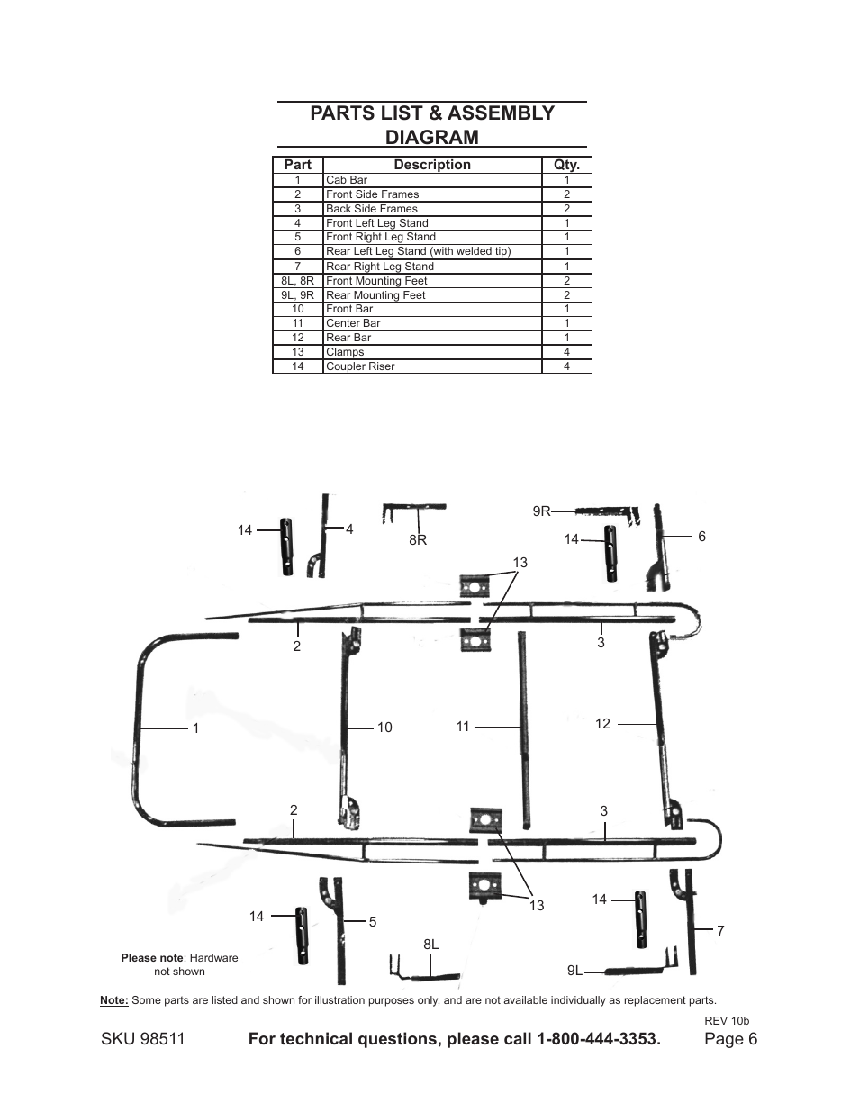 Parts list & assembly diagram | Harbor Freight Tools HAUL MASTER 98511 User Manual | Page 6 / 8