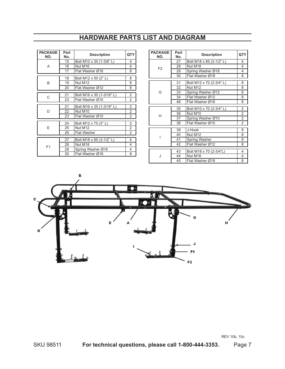 Hardware parts list and diagram | Harbor Freight Tools HAUL MASTER 98511 User Manual | Page 7 / 8