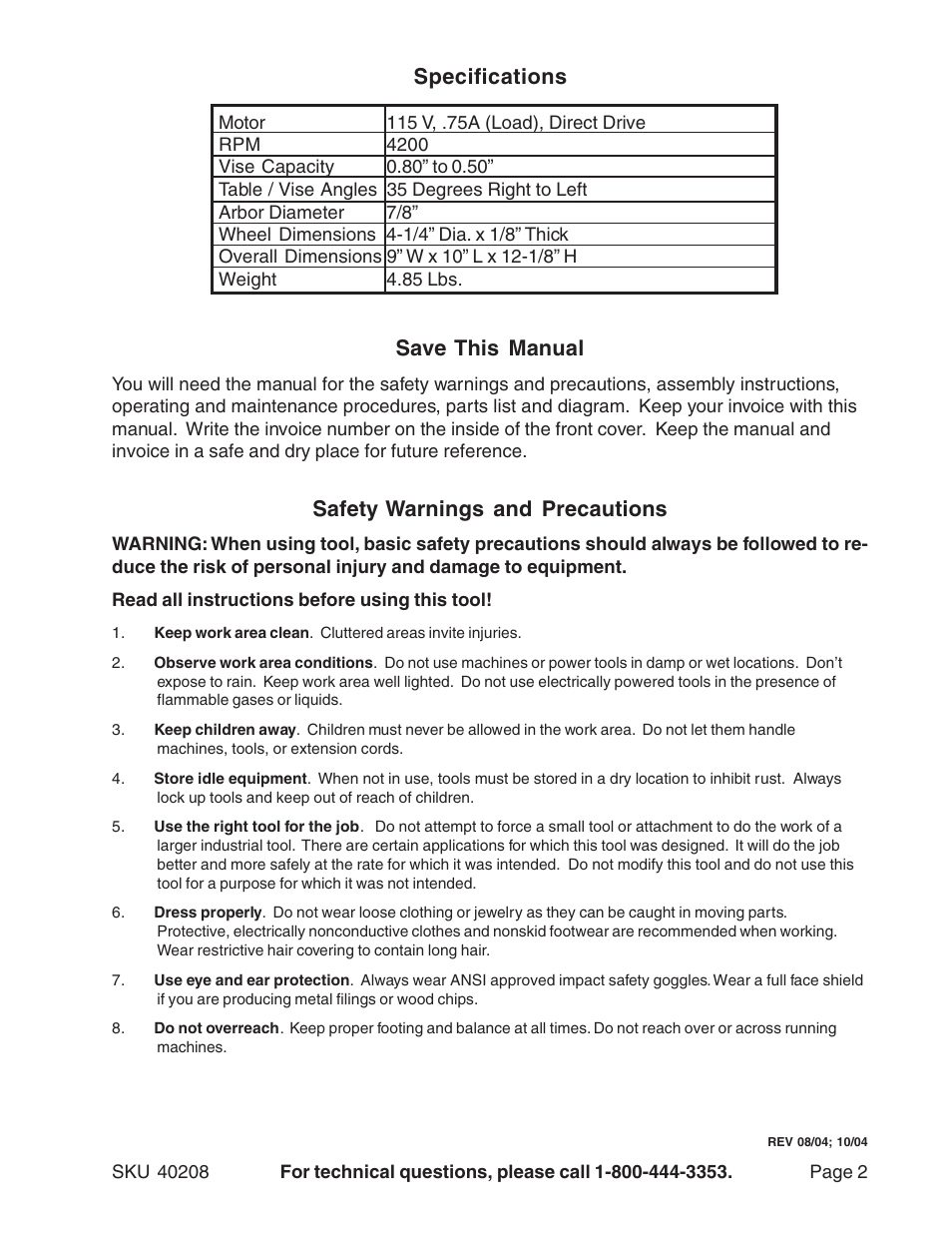 Specifications save this manual, Safety warnings and precautions | Harbor Freight Tools 40208 User Manual | Page 2 / 10