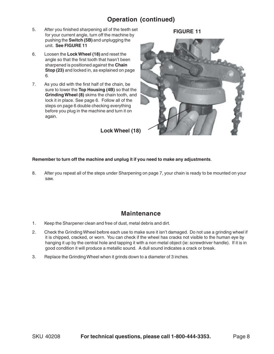 Operation (continued) maintenance | Harbor Freight Tools 40208 User Manual | Page 8 / 10