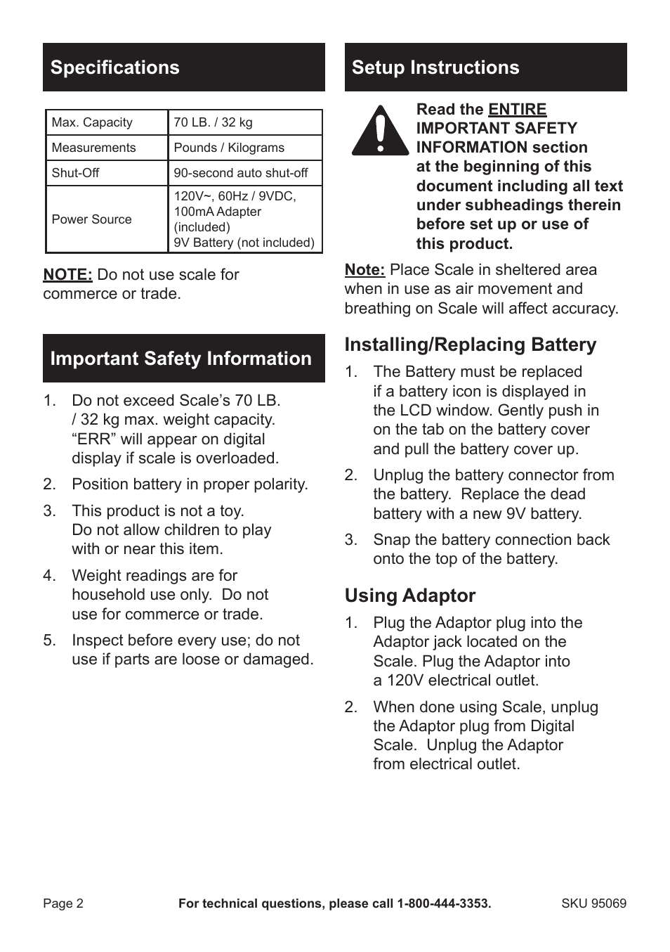 Specifications, Important safety information, Setup instructions | Installing/replacing battery, Using adaptor | Harbor Freight Tools 95069 User Manual | Page 2 / 4