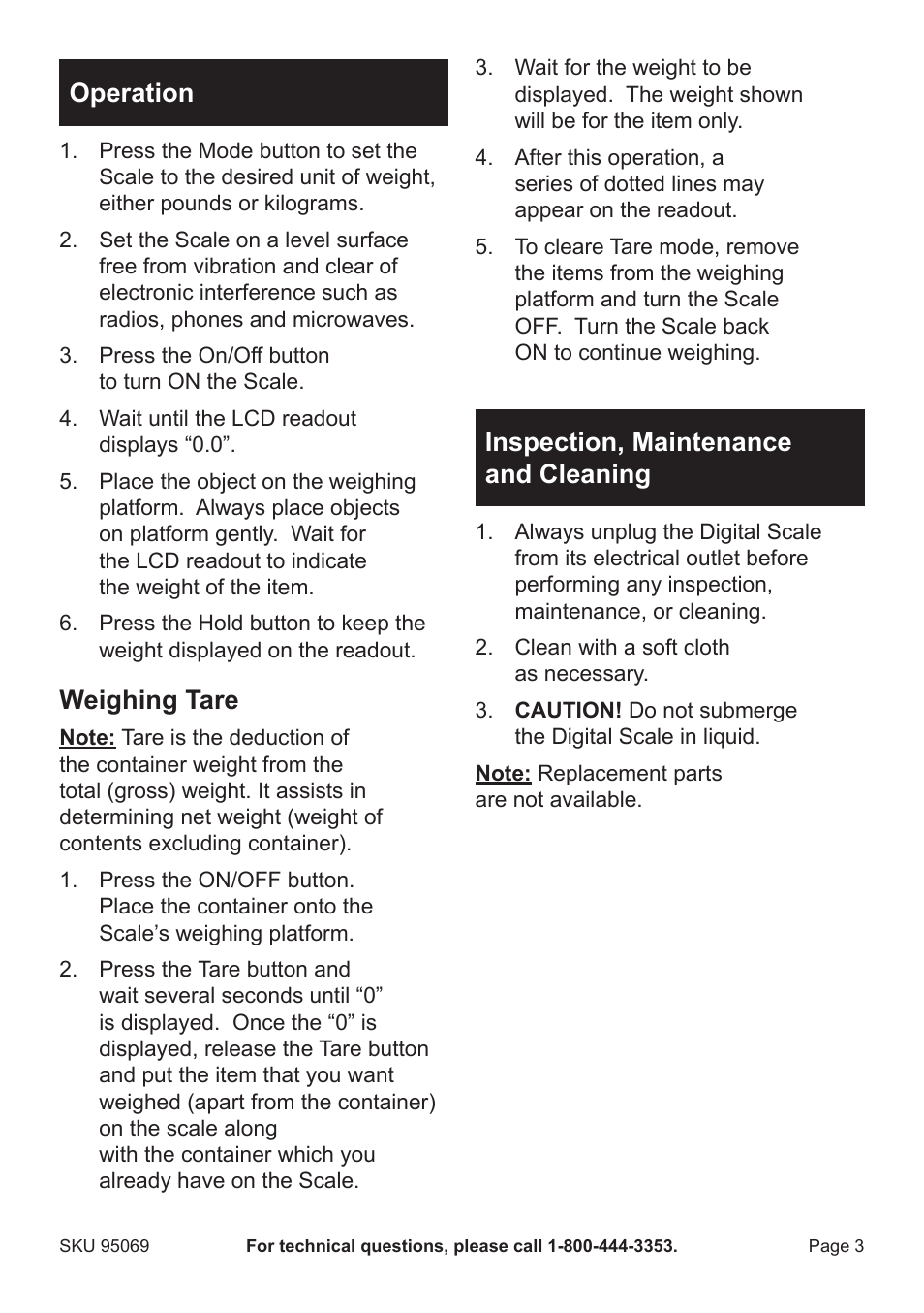 Operation, Weighing tare, Inspection, maintenance and cleaning | Harbor Freight Tools 95069 User Manual | Page 3 / 4