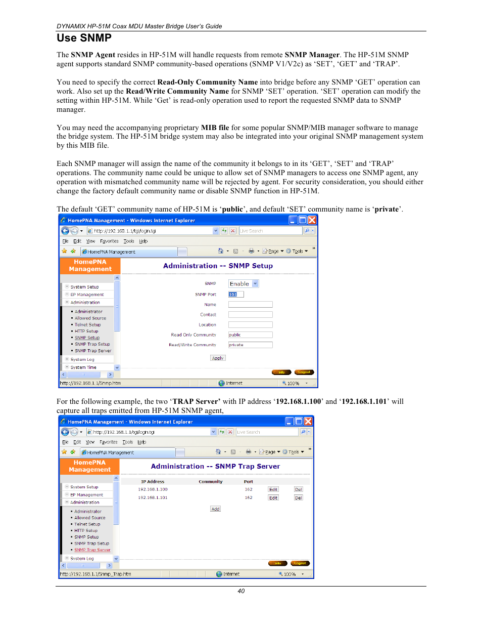 Use snmp | Home Dynamix HP-51M User Manual | Page 46 / 49