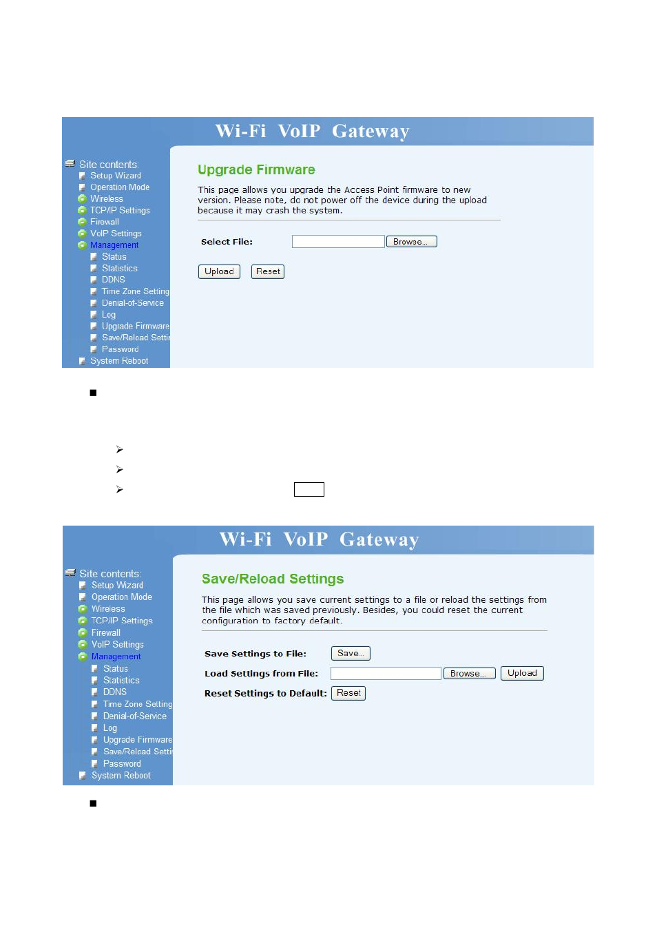 Save/reload settings, Password | Home Dynamix DW 3512 User Manual | Page 54 / 66