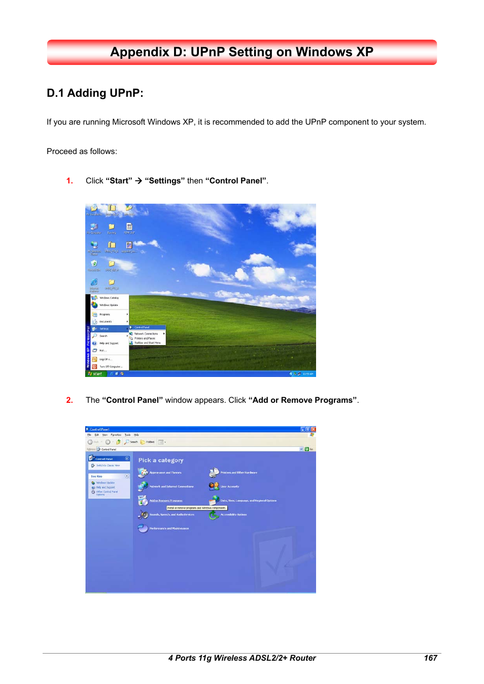 Appendix d: upnp setting on windows xp, D.1 adding upnp | Home Dynamix ANEXX A User Manual | Page 174 / 184