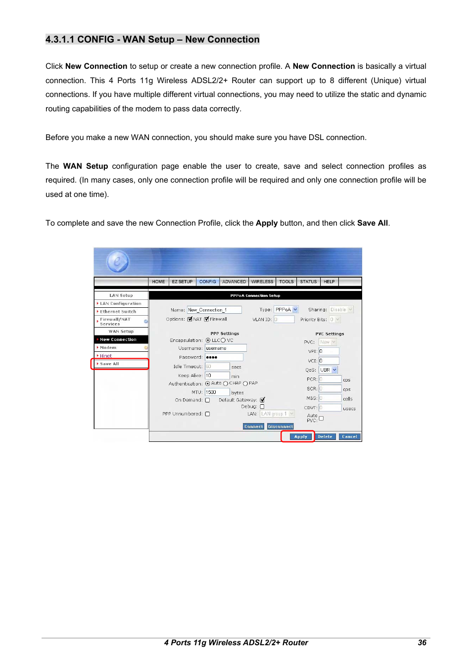 1 config - wan setup – new connection | Home Dynamix ANEXX A User Manual | Page 43 / 184