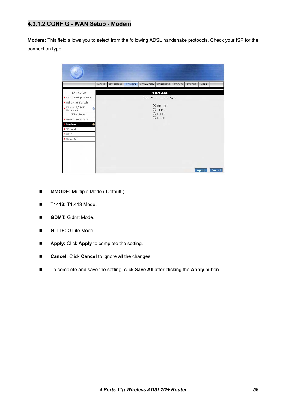 2 config - wan setup - modem | Home Dynamix ANEXX A User Manual | Page 65 / 184