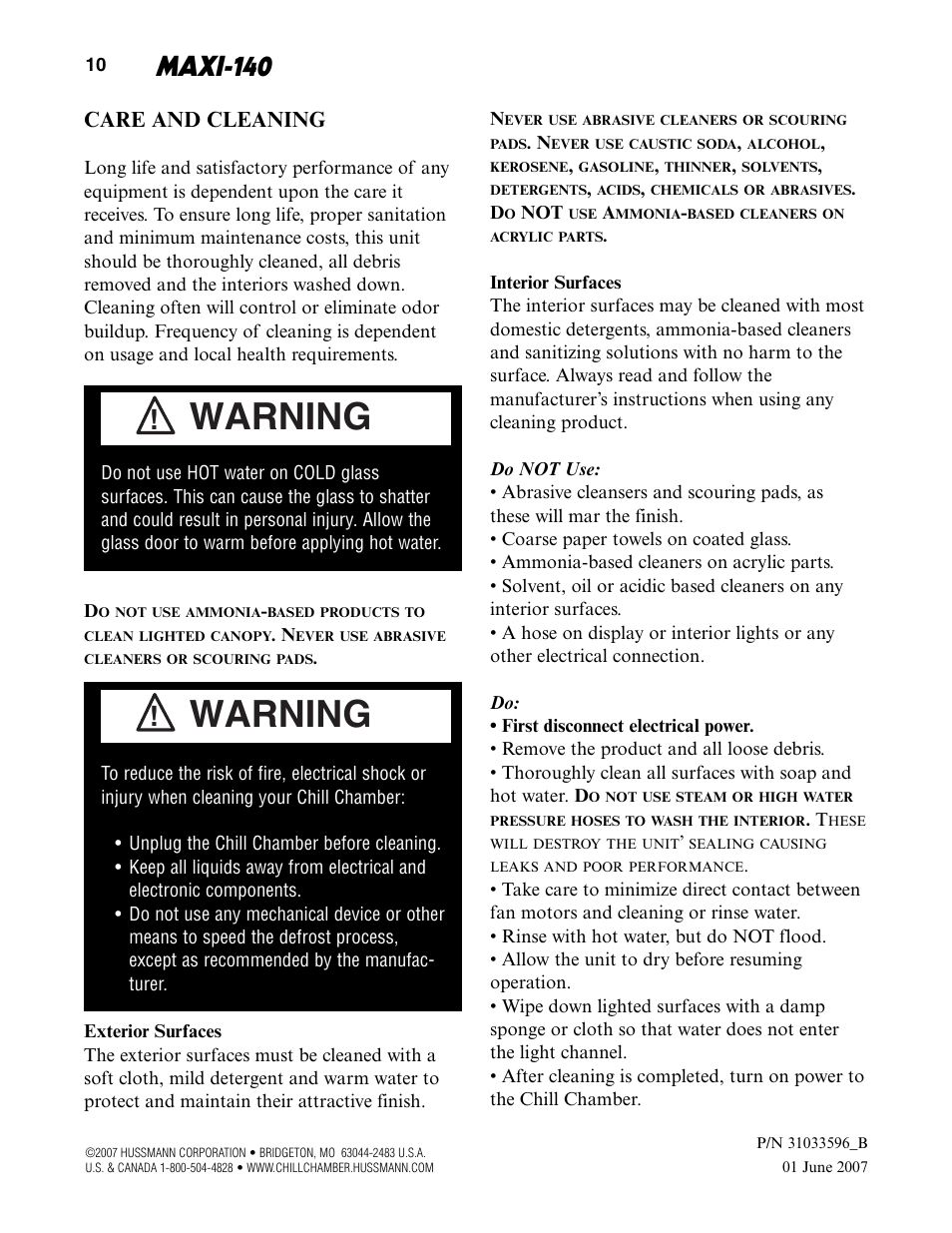 Warning, Maxi-140, Care and cleaning | hussmann MAXI-140 User Manual | Page 12 / 20