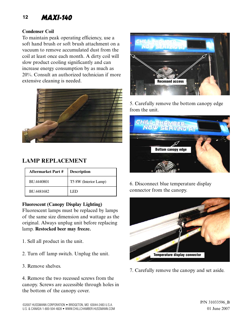 Maxi-140, Lamp replacement | hussmann MAXI-140 User Manual | Page 14 / 20
