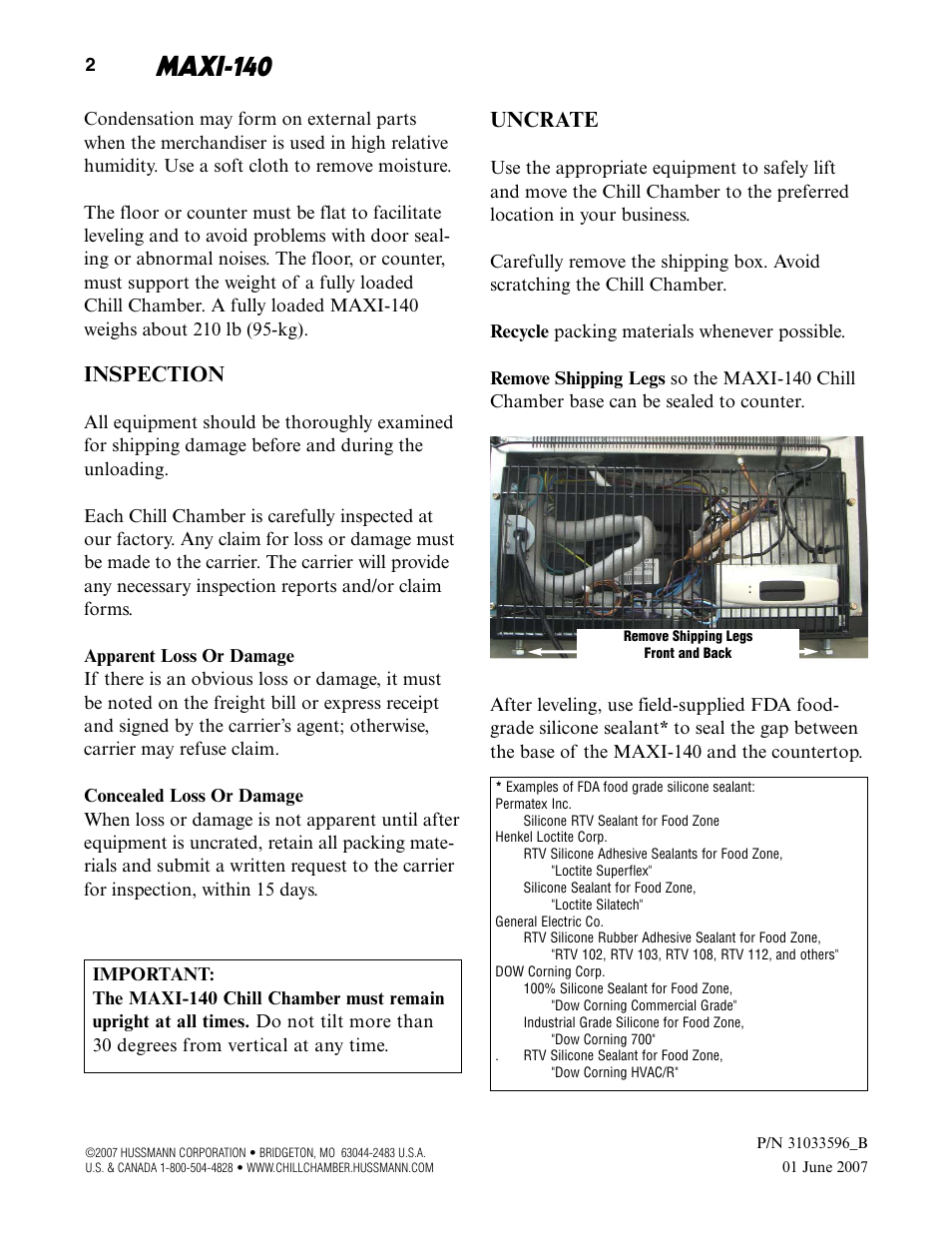 Maxi-140, Inspection, Uncrate | hussmann MAXI-140 User Manual | Page 4 / 20