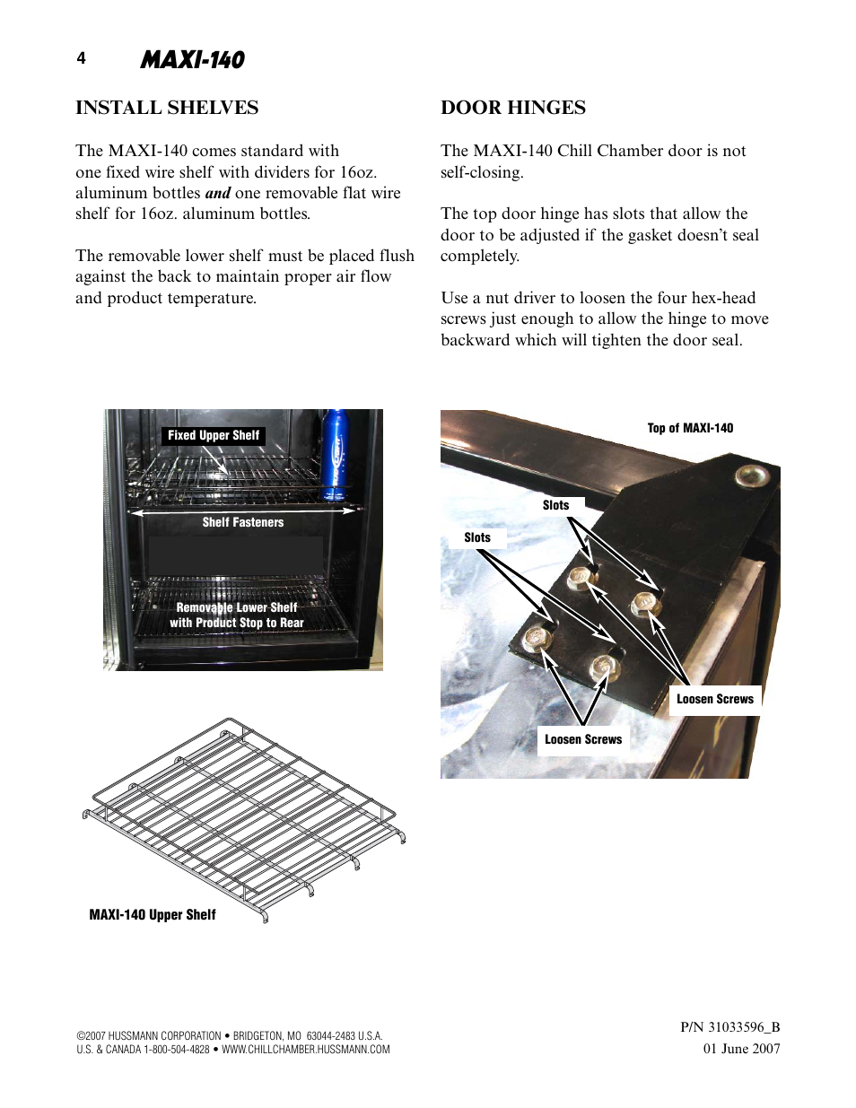Maxi-140, Install shelves, Door hinges | hussmann MAXI-140 User Manual | Page 6 / 20