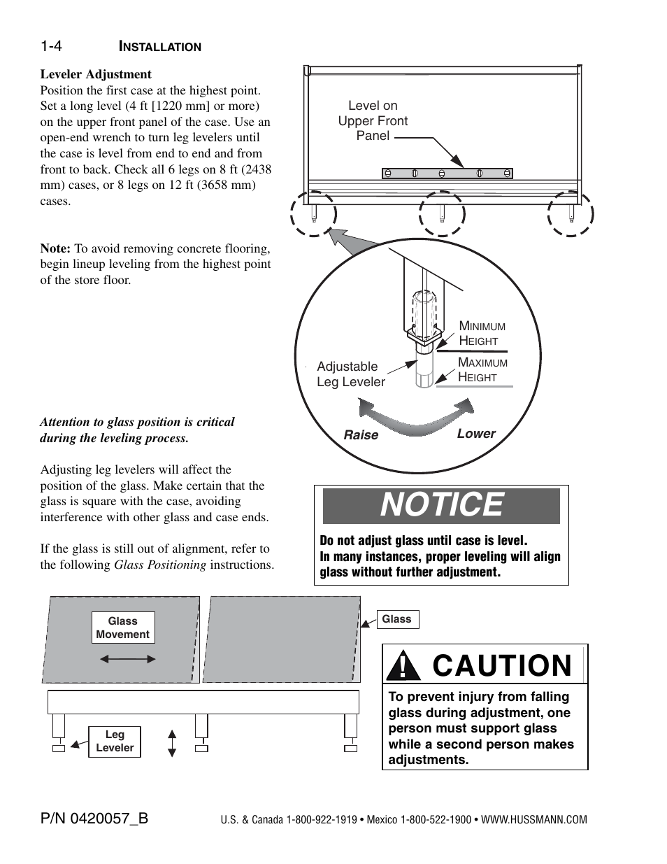Leveler adjustment, Notice, Caution | hussmann P/N 0420057_B User Manual | Page 10 / 46