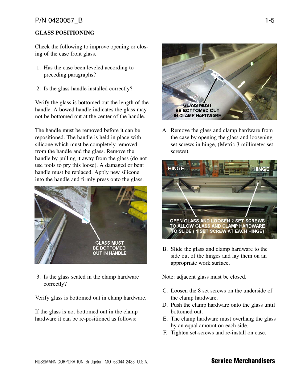 Glass positioning | hussmann P/N 0420057_B User Manual | Page 11 / 46