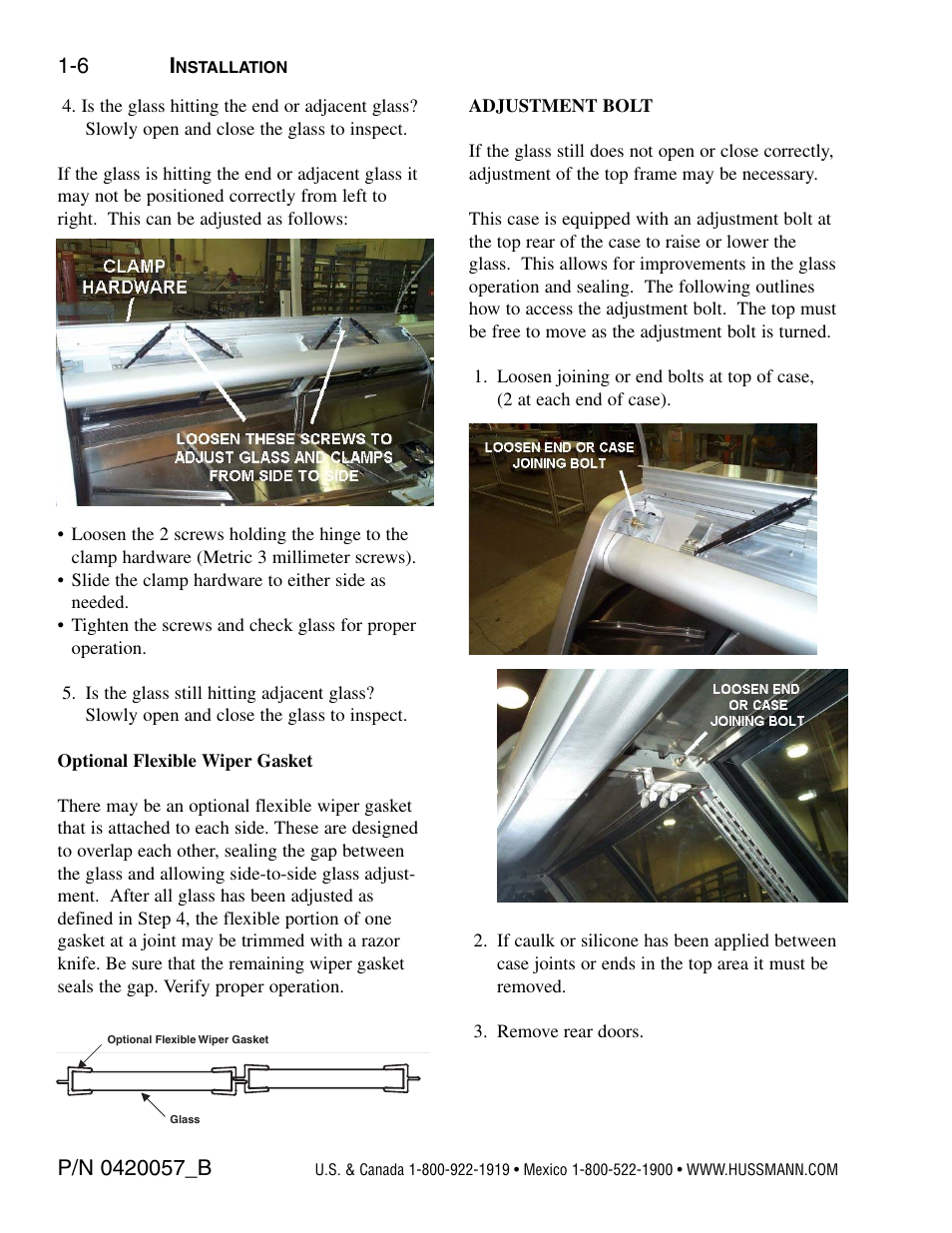 Optional flexible wiper gasket, Adjustment bolt | hussmann P/N 0420057_B User Manual | Page 12 / 46