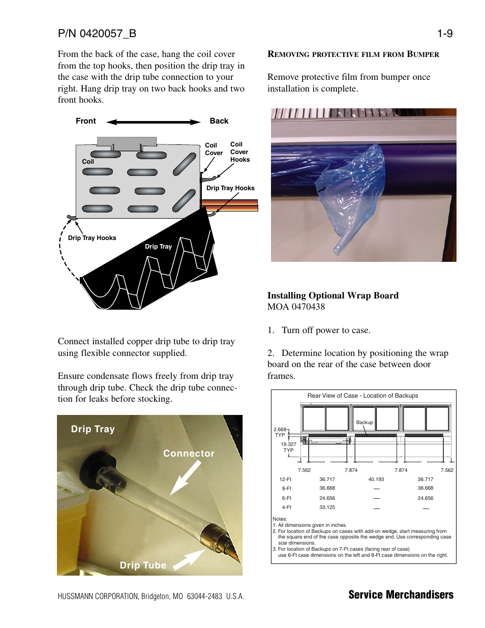Removing protective film from bumper, Installing optional wrap board, Drip tray drip tube connector | hussmann P/N 0420057_B User Manual | Page 15 / 46