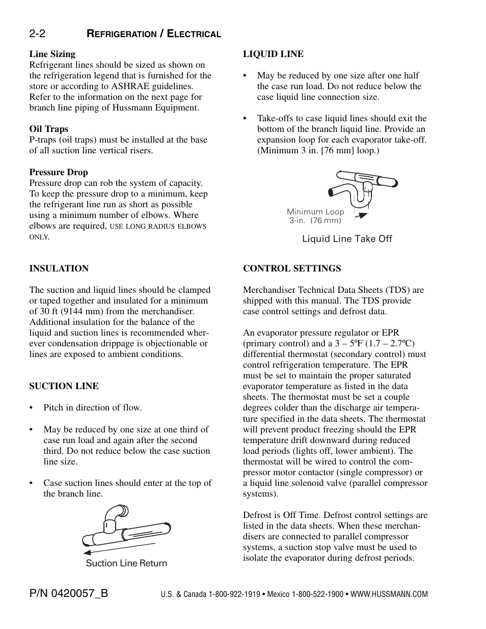 Line sizing, Oil traps, Pressure drip | Insulation, Suction line, Liquid line, Control settings | hussmann P/N 0420057_B User Manual | Page 20 / 46