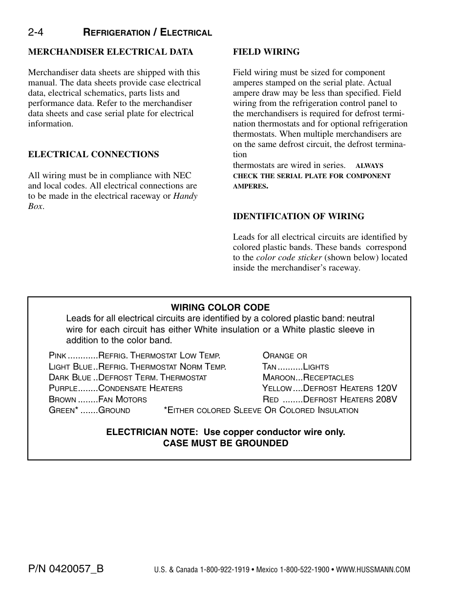 Merchandiser electrical data, Electrical connections, Field wiring | Identification of wiring, Wiring color code | hussmann P/N 0420057_B User Manual | Page 22 / 46