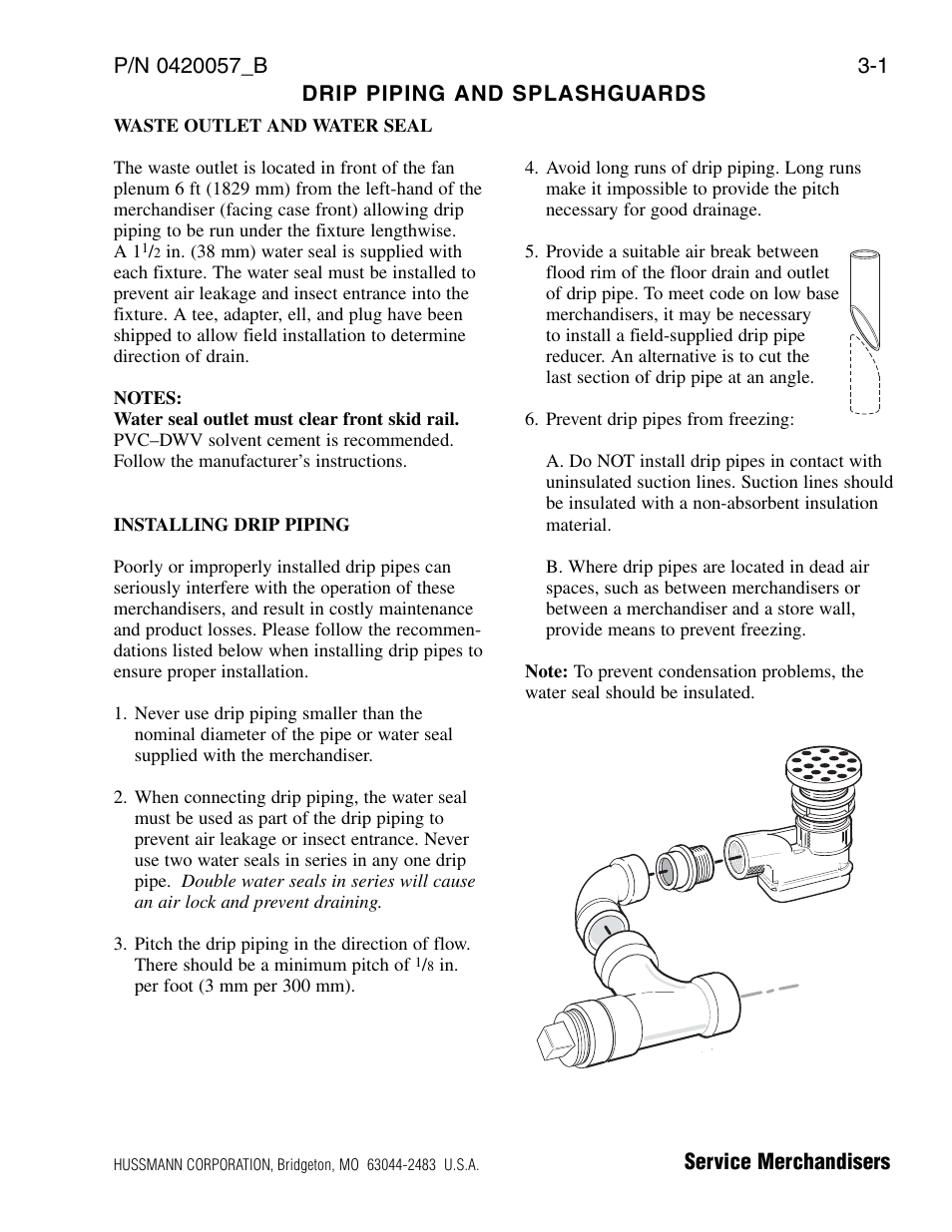 Drip piping and splashguards, Waste outlet and water seal, Installing drip piping | hussmann P/N 0420057_B User Manual | Page 23 / 46