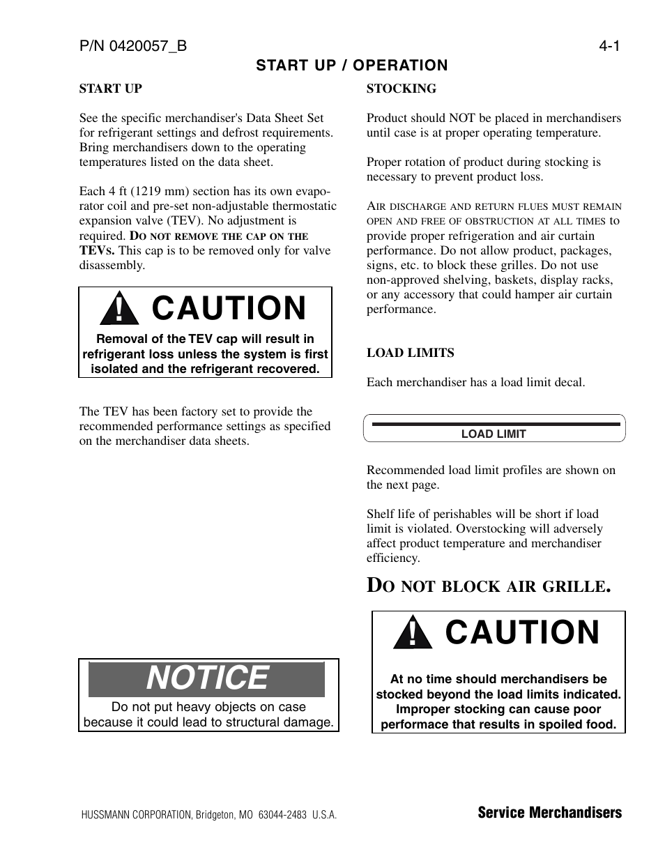Start up / operation, Start up, Stocking | Load limits, Caution, Notice | hussmann P/N 0420057_B User Manual | Page 27 / 46