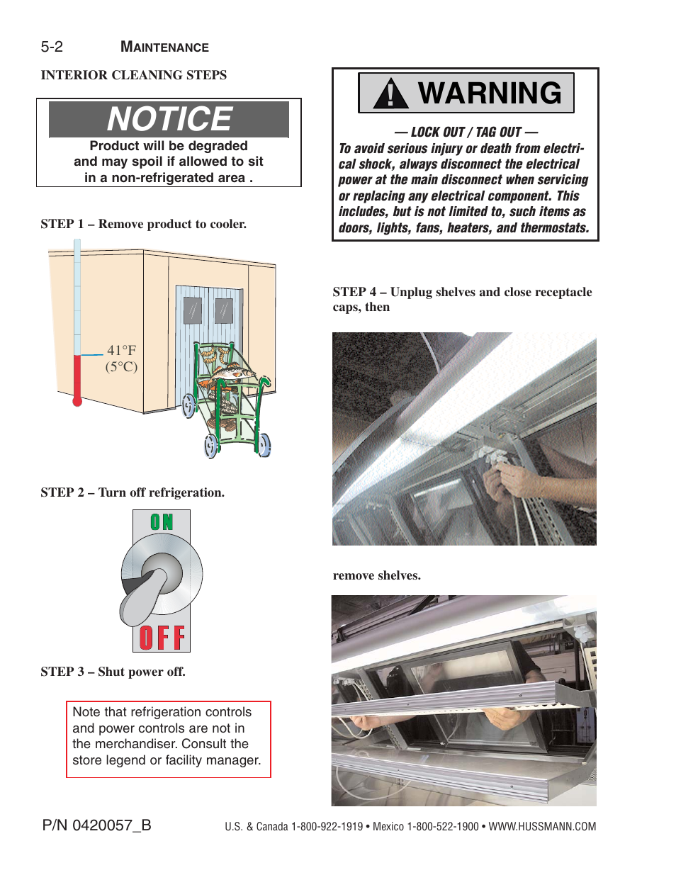 Interior cleaning steps, Notice, Warning | hussmann P/N 0420057_B User Manual | Page 32 / 46