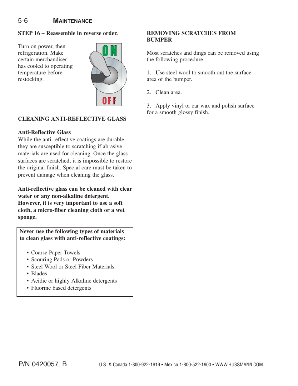 Cleaning anti-reflective glass, Removing scratches from bumper | hussmann P/N 0420057_B User Manual | Page 36 / 46