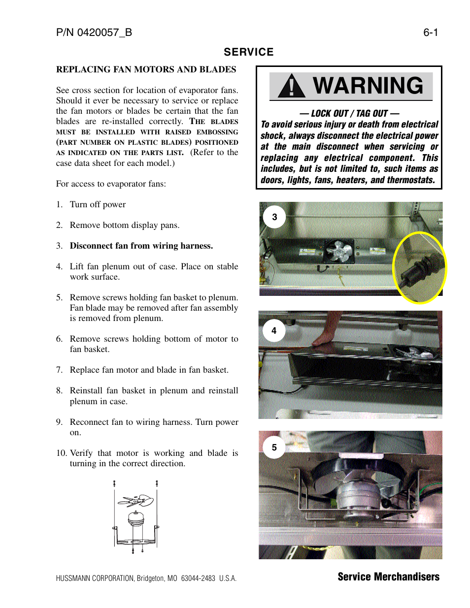 Service, Replacing fan motors and blades, Warning | hussmann P/N 0420057_B User Manual | Page 37 / 46