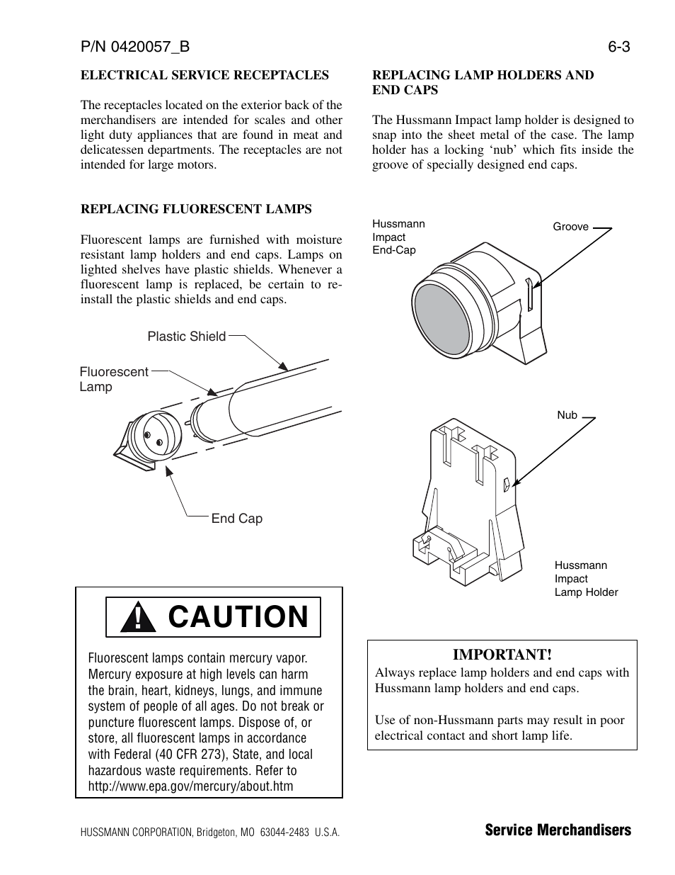 Electrical service receptacles, Replacing fluorescent lamps, Replacing lamp holders and end caps | Caution | hussmann P/N 0420057_B User Manual | Page 39 / 46
