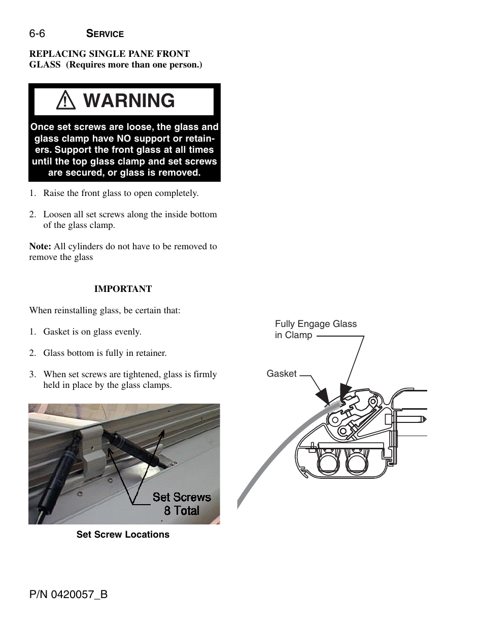 Replacing single pane front glass, Warning | hussmann P/N 0420057_B User Manual | Page 42 / 46