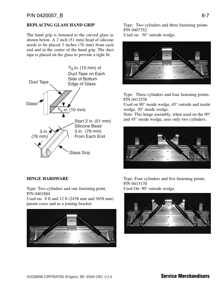 Replacing glass hand grip, Hinge hardware | hussmann P/N 0420057_B User Manual | Page 43 / 46