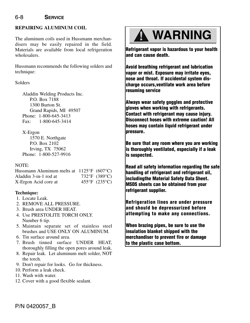 Repairing aluminum coil, Warning | hussmann P/N 0420057_B User Manual | Page 44 / 46