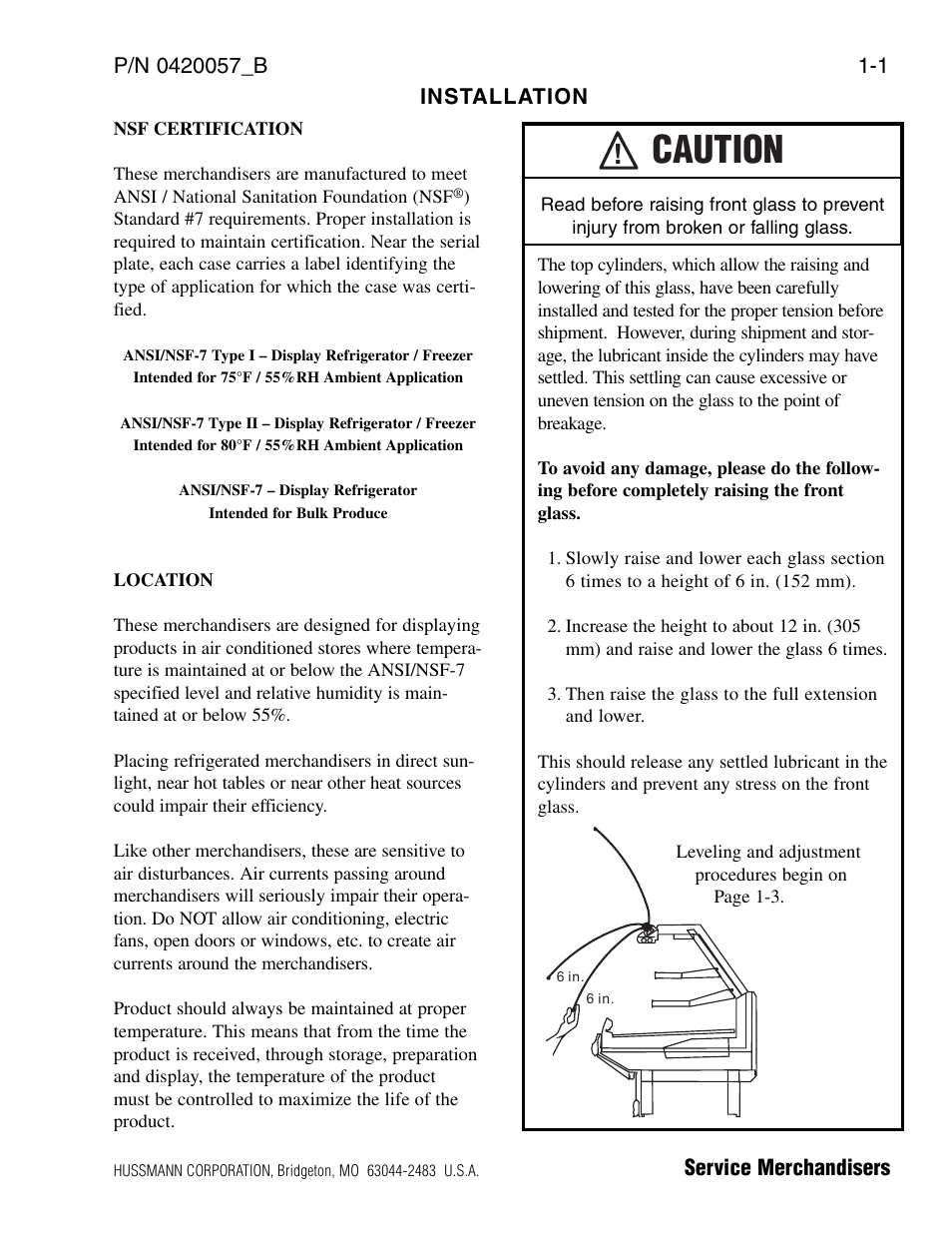 Installation, Nsf certification, Location | Caution | hussmann P/N 0420057_B User Manual | Page 7 / 46