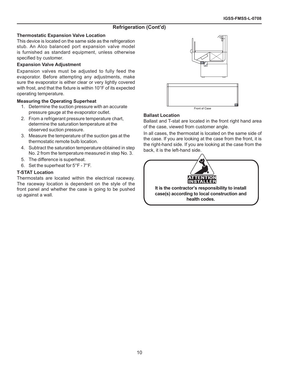 Thermostatic expansion valve location, Measuring the operating superheat, T-stat location | Ballast location | hussmann FMSS-L User Manual | Page 10 / 25