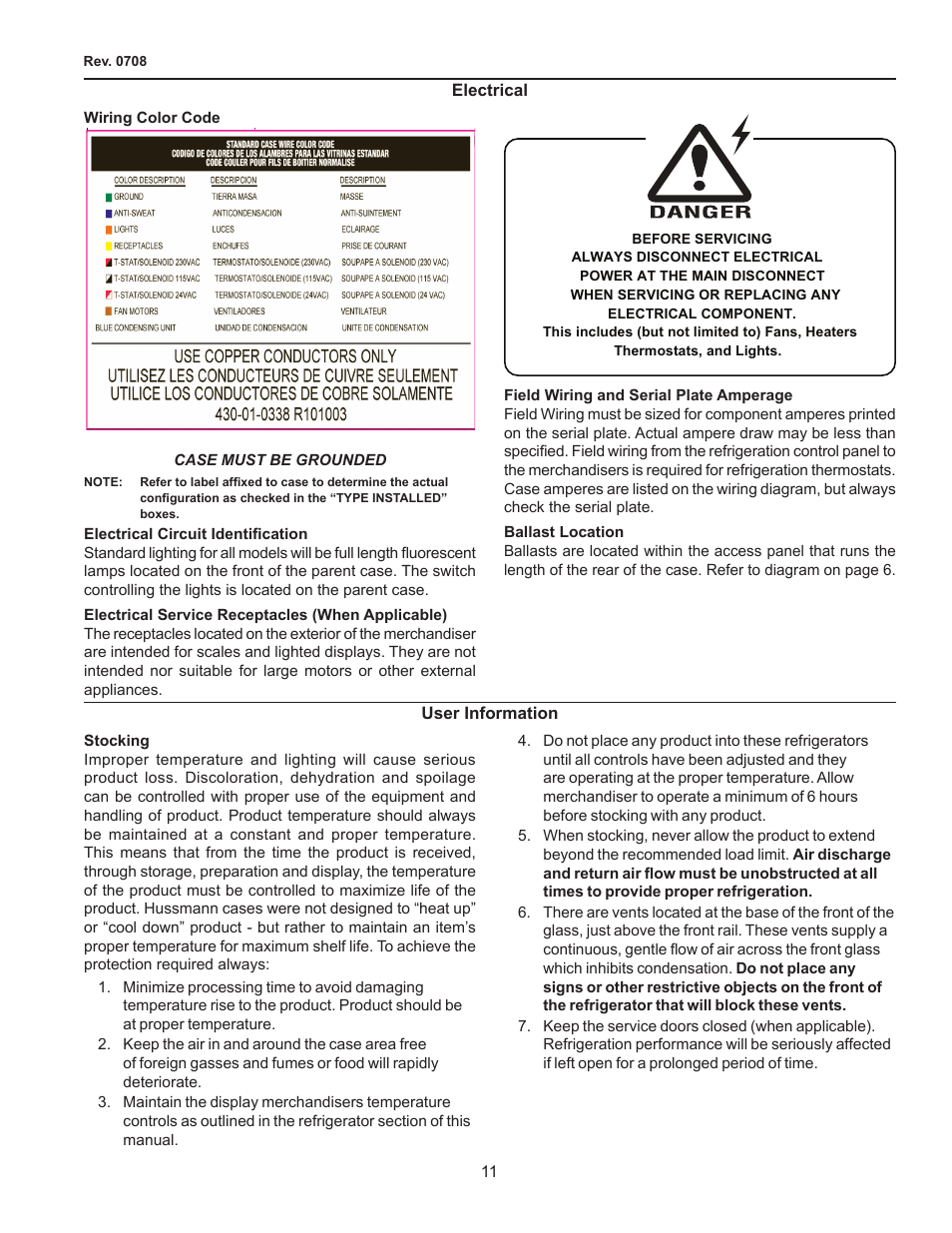 Electrical, Wiring color code, Electrical circuit identification | Electrical service receptacles (when applicable), Field wiring and serial plate amperage, Ballast location, User information, Stocking | hussmann FMSS-L User Manual | Page 11 / 25