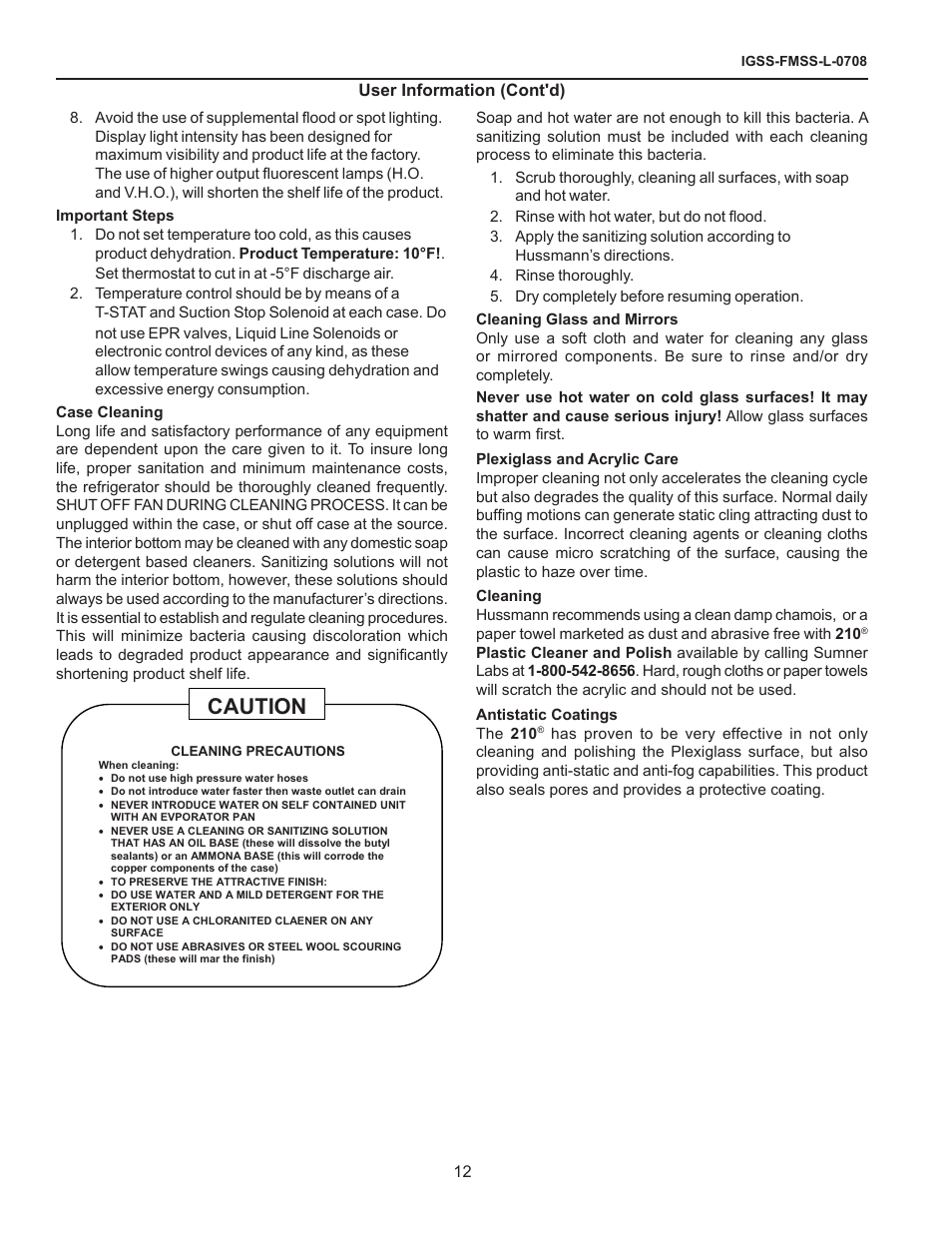Important steps, Case cleaning, Cleaning glass and mirrors | Plexiglass and acrylic care, Cleaning, Antistatic coatings, Caution | hussmann FMSS-L User Manual | Page 12 / 25
