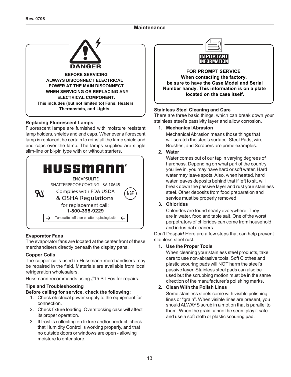 Maintenance, Replacing fluorescent lamps, Evaporator fans | Copper coils, Tips and troubleshooting, Stainless steel cleaning and care, Osha regulations | hussmann FMSS-L User Manual | Page 13 / 25