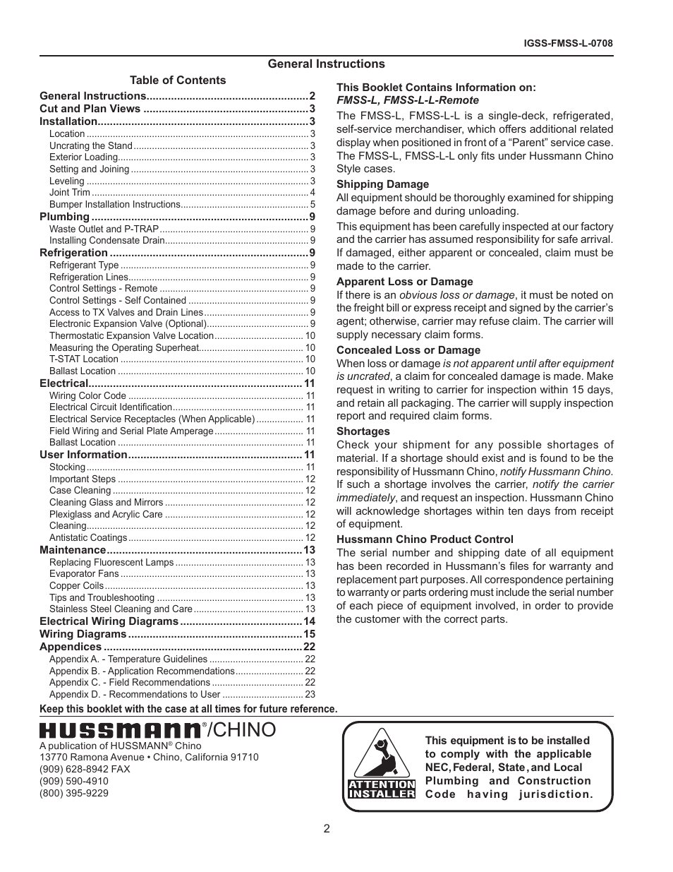 Chino | hussmann FMSS-L User Manual | Page 2 / 25