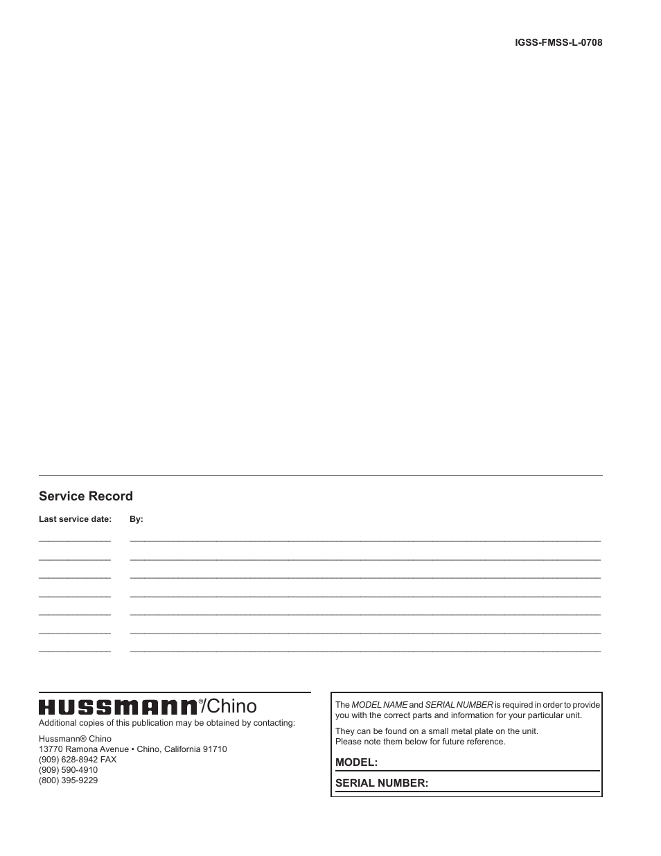Chino, Service record | hussmann FMSS-L User Manual | Page 25 / 25