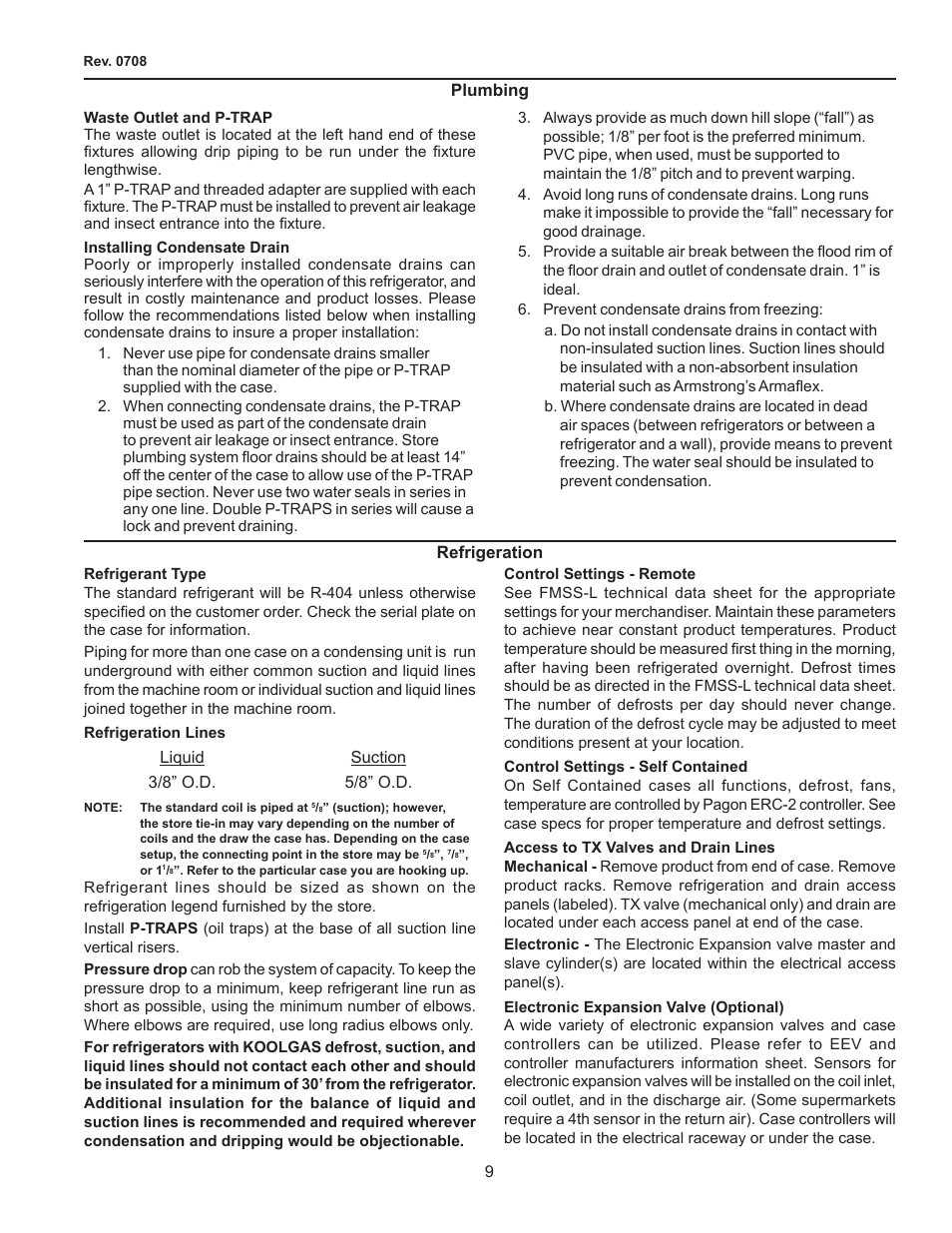 Plumbing, Waste outlet and p-trap, Installing condensate drain | Refrigeration, Refrigerant type, Refrigeration lines, Control settings - remote, Control settings - self contained, Access to tx valves and drain lines, Electronic expansion valve (optional) | hussmann FMSS-L User Manual | Page 9 / 25