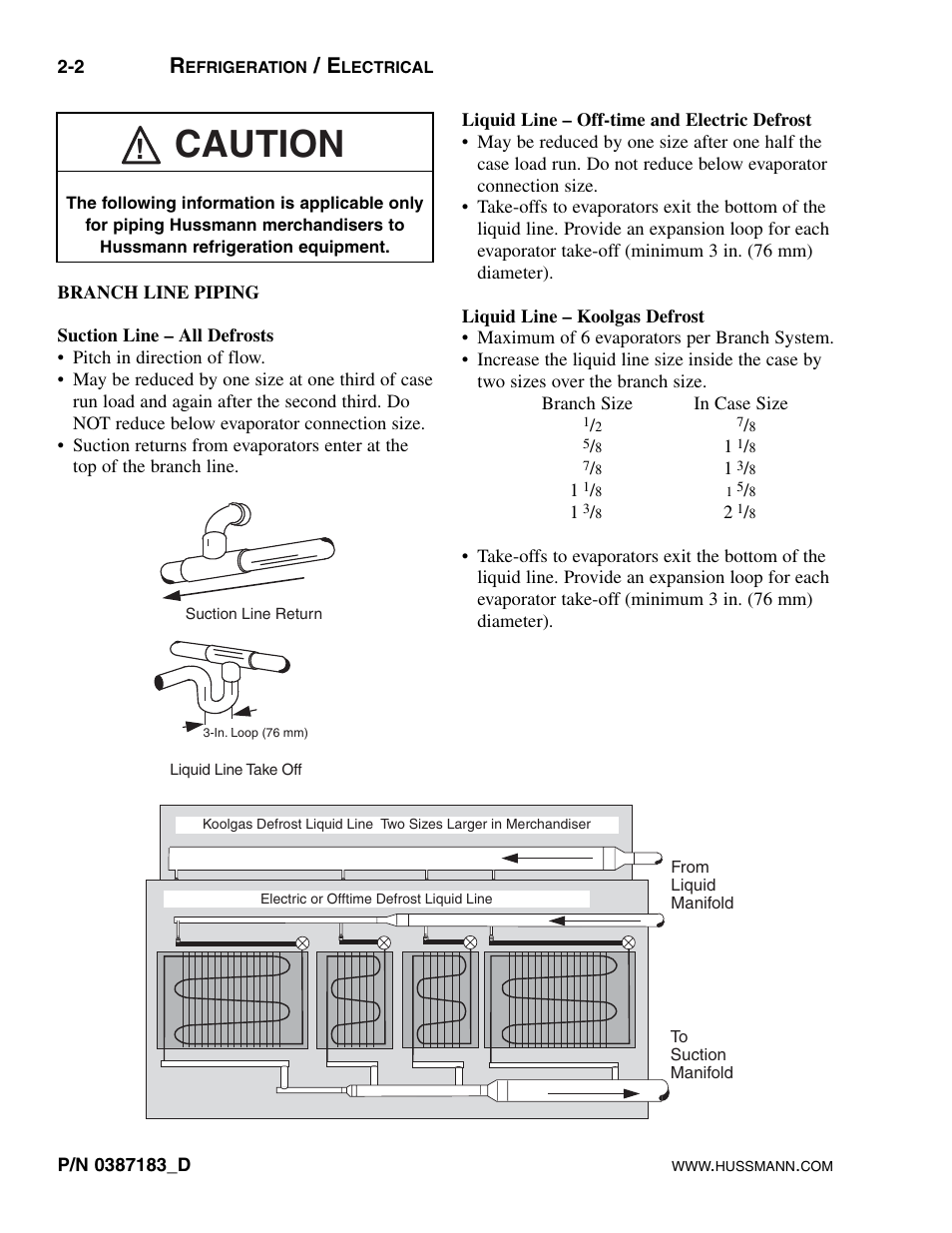 Branch line piping, Suction line - all defrost, Liquid line - off-time and electric defrost | Liquid line - koolgas defrost, Caution | hussmann P/N 0387183_D User Manual | Page 12 / 40