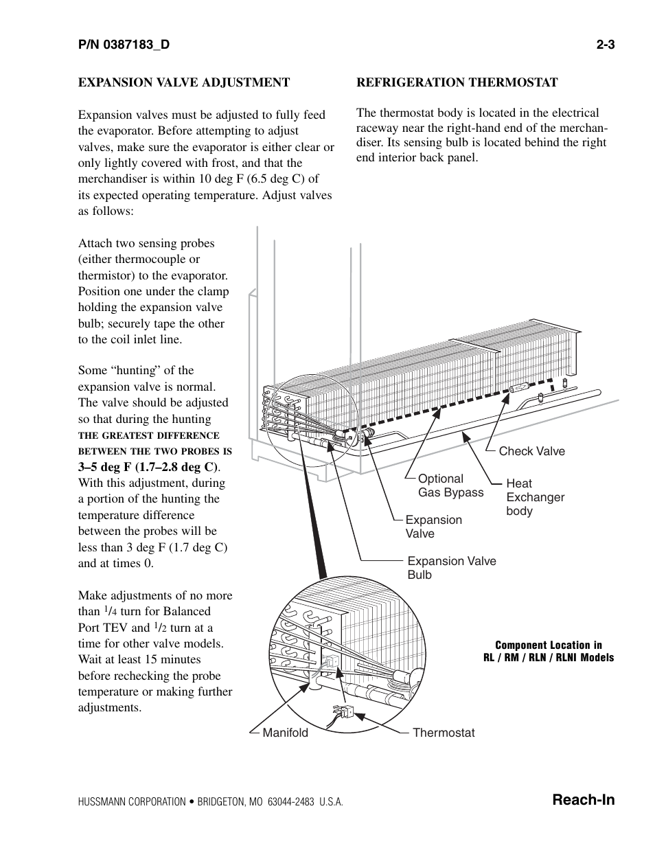 Expansion valve adjustment, Refrigeration thermostat, Reach-in | hussmann P/N 0387183_D User Manual | Page 13 / 40