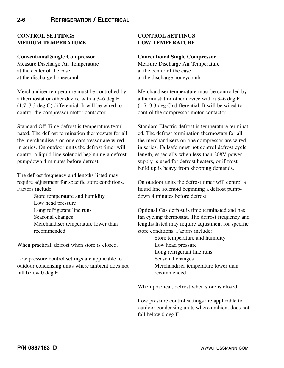 Conventional control settings - medium temperature, Conventional control settings - low temperature | hussmann P/N 0387183_D User Manual | Page 16 / 40