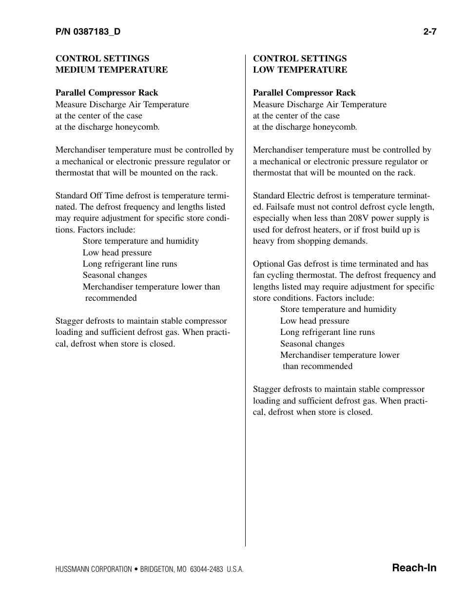 Parallel control settings - medium temperature, Parallel control settings - low temperature | hussmann P/N 0387183_D User Manual | Page 17 / 40