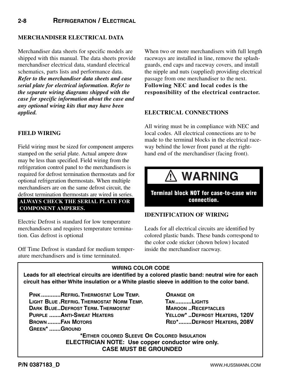 Merchandiser electrical data, Field wiring, Electrical connectionsbidentification of wiring | Wiring color code, Warning | hussmann P/N 0387183_D User Manual | Page 18 / 40