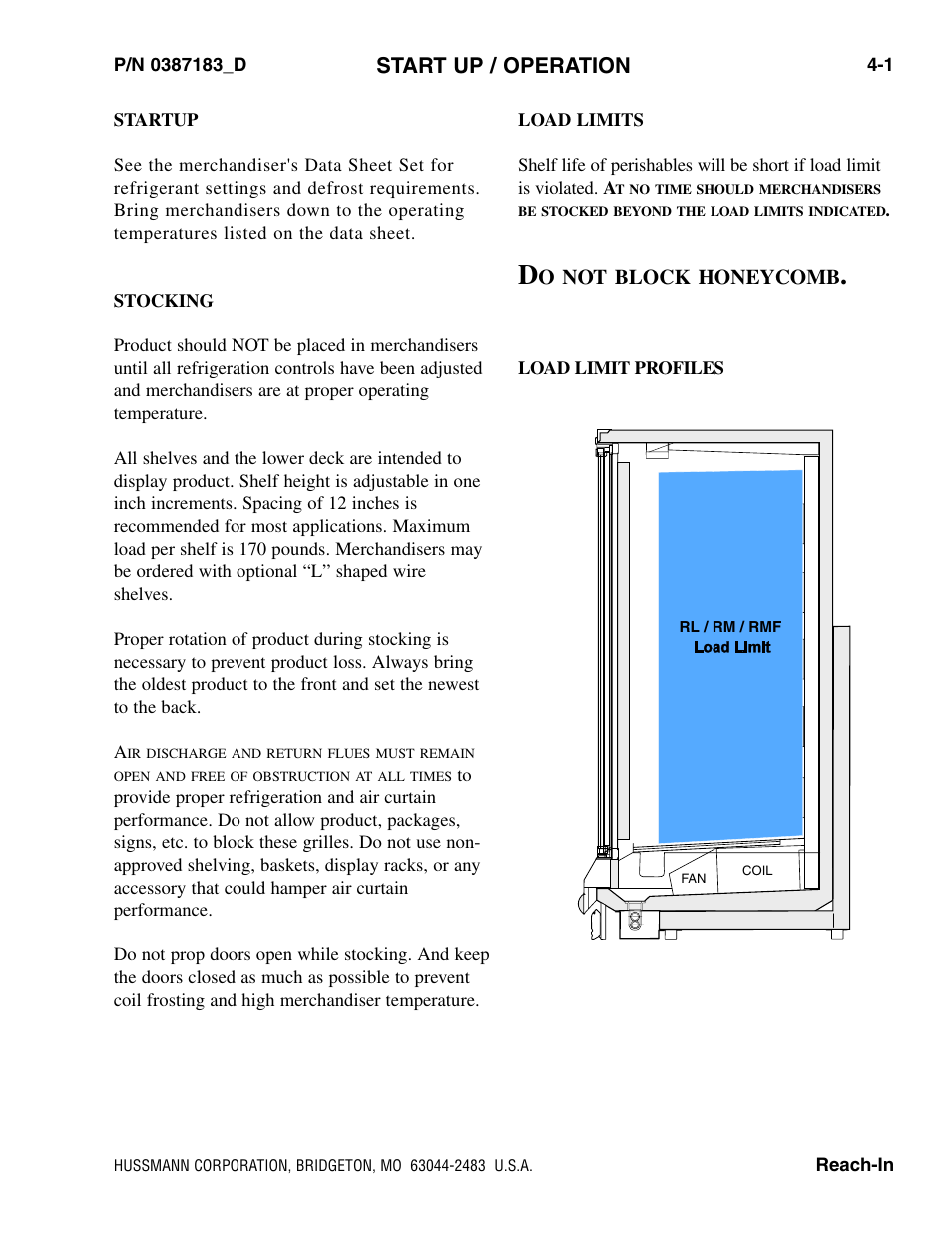 Start up / operation, Startup, Stocking | Load limits, Load limit profiles | hussmann P/N 0387183_D User Manual | Page 23 / 40