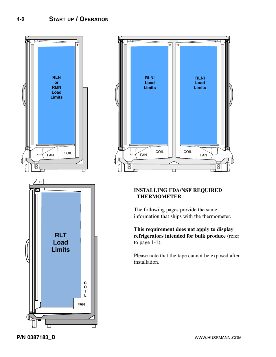 Installing fda / nsf required thermometer, Rlt load limits | hussmann P/N 0387183_D User Manual | Page 24 / 40