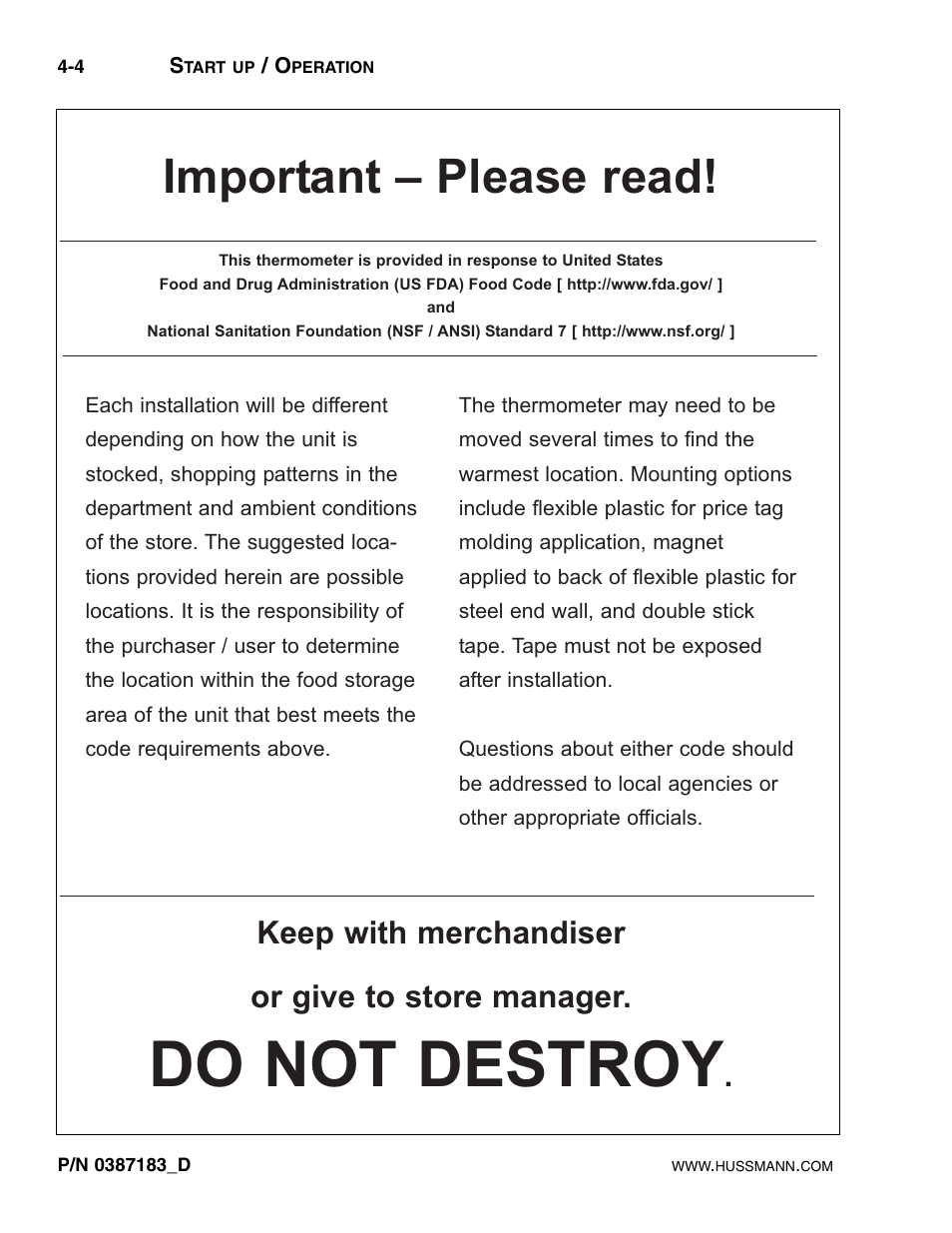 Do not destroy, Important – please read, Keep with merchandiser or give to store manager | hussmann P/N 0387183_D User Manual | Page 26 / 40