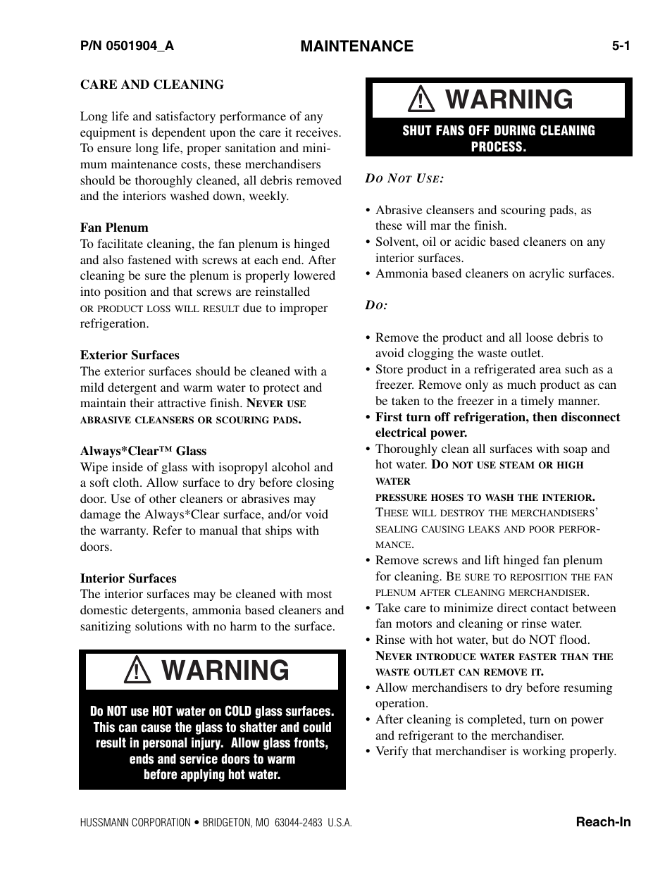 Maintenance, Care and cleaning, Fan plenum | Exterior surfaces, Always*clear glass, Interior surfaces, Do not use, Warning | hussmann P/N 0387183_D User Manual | Page 27 / 40